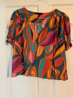 RACHEL Rachel Roy Multicolor Leaf-Print Short Puff Sleeve Top XL